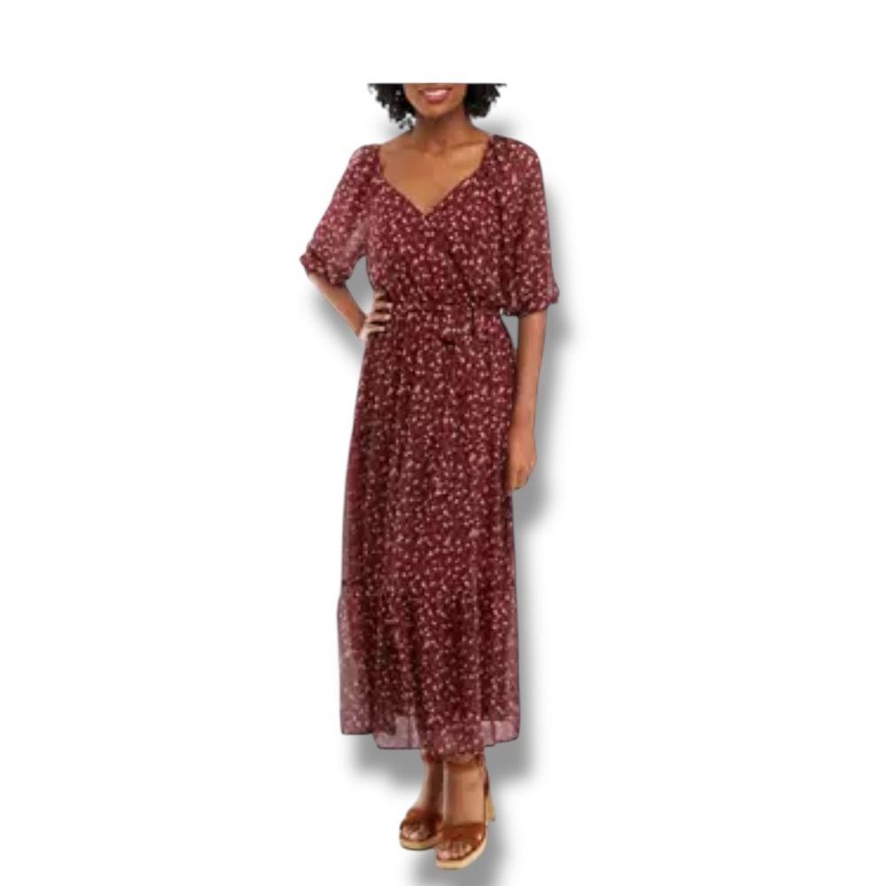 Luxology Women’s Floral Faux Wrap Tiered Maxi Dress Puff Sleeve Tie Waist Wine L
